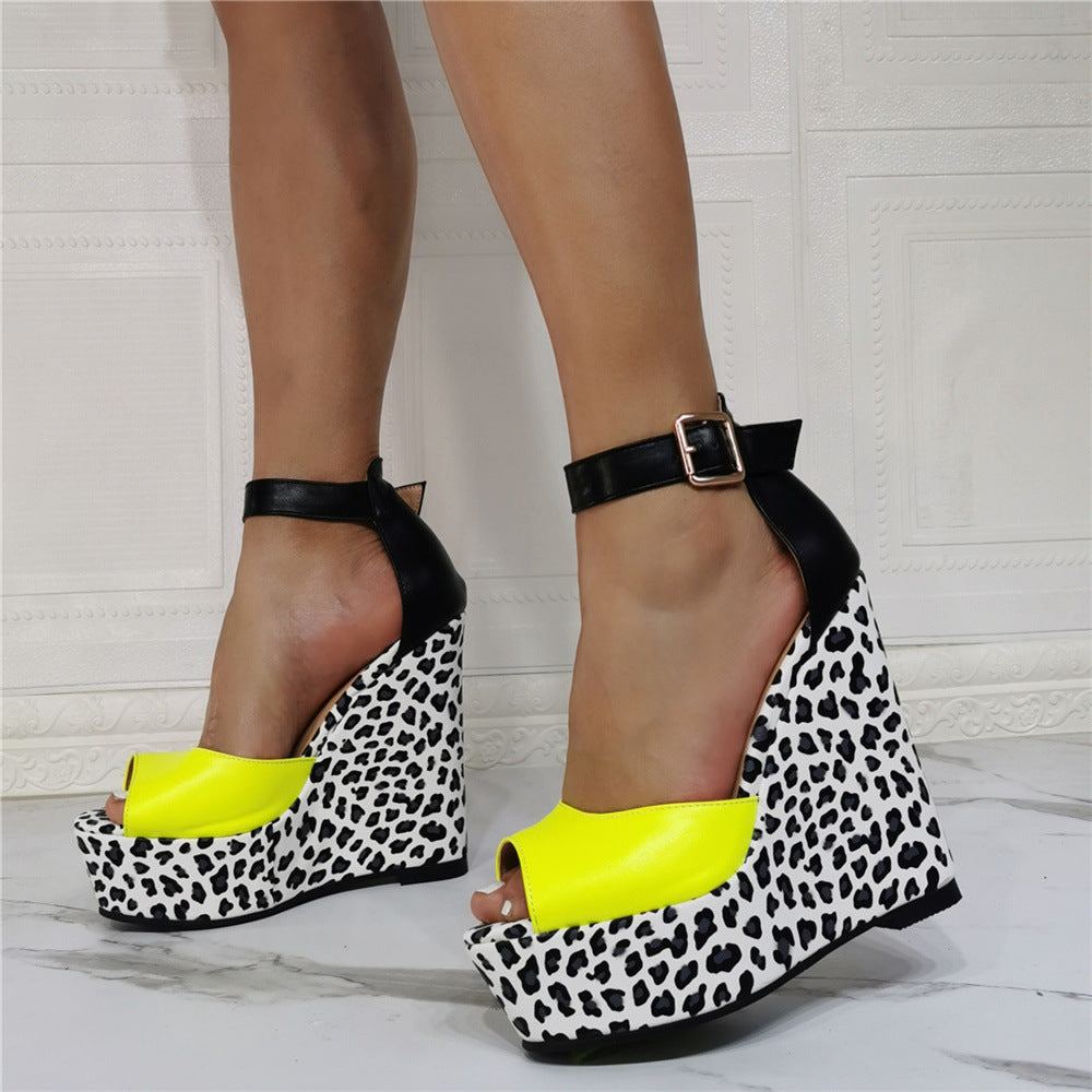 Color Blocking Leopard Print Banquet Oversize Wedge Heel Sexy High-Heeled Sandals