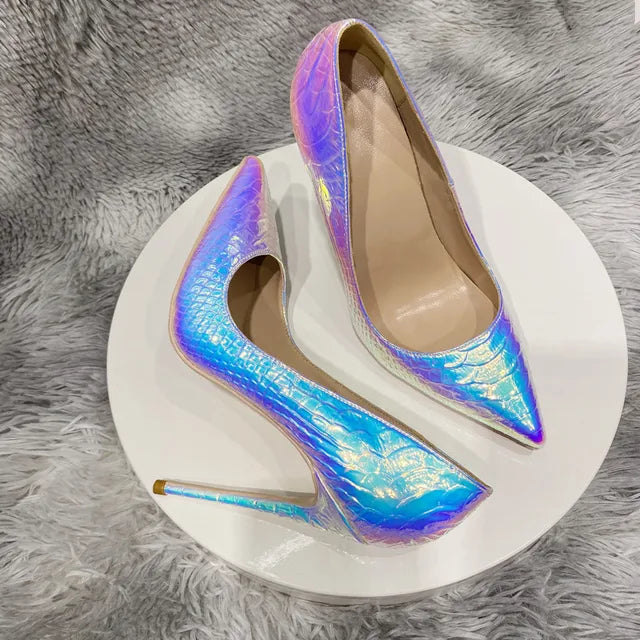 Shiny Silver Crocodile Effect Women Pointy Toe High Heel Shoes Sexy Stiletto Pumps for Wedding Party