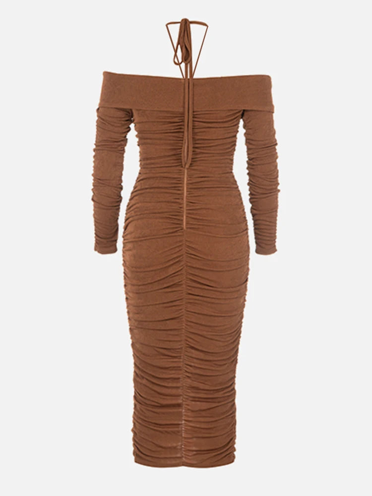 Solid Slimming Patchwork Folds Sexy Dresses For Women Halter Long Sleeve High Waist Bodycon Dress Female Fashion