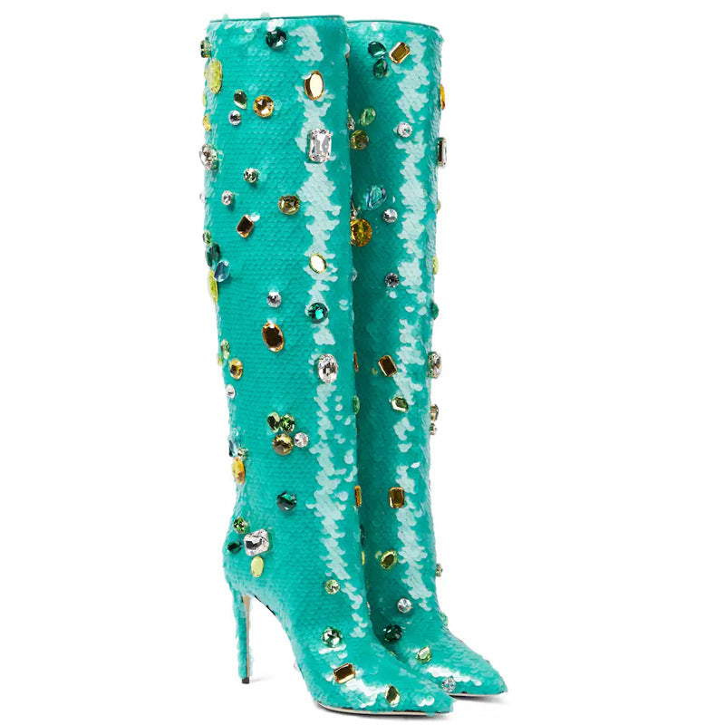 Pointed Toe Stiletto High-Heeled Gemstone Sequins The Knee Women's Boots a Large Size Dancing Boots 12cm High
