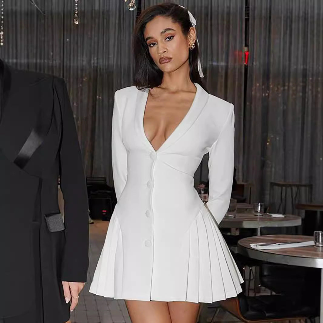 Deep V Neck Long Sleeve Short Dresses for Women Autumn Fashion Elegant Blazer Dress White Black