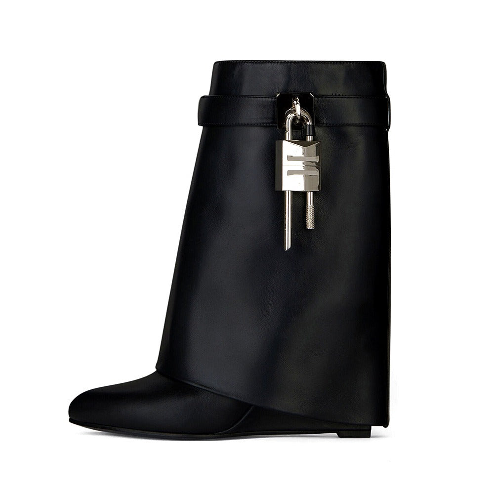 Wedge Heeled High Heel Boots Women Pointed Toe Shark Lock Height Increased Short Boots