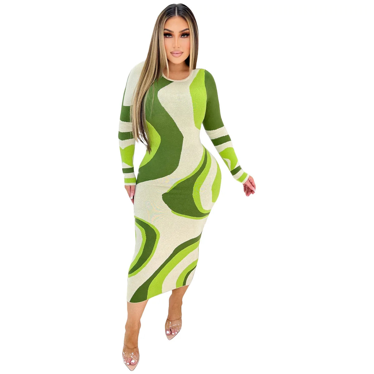 Casual Long Dress Autumn Women O-Neck Long Sleeve Slim Stretch Party Dresses Streetwear