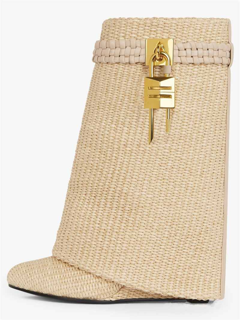 Wedge Heeled High Heel Boots Women Pointed Toe Shark Lock Height Increased Short Boots