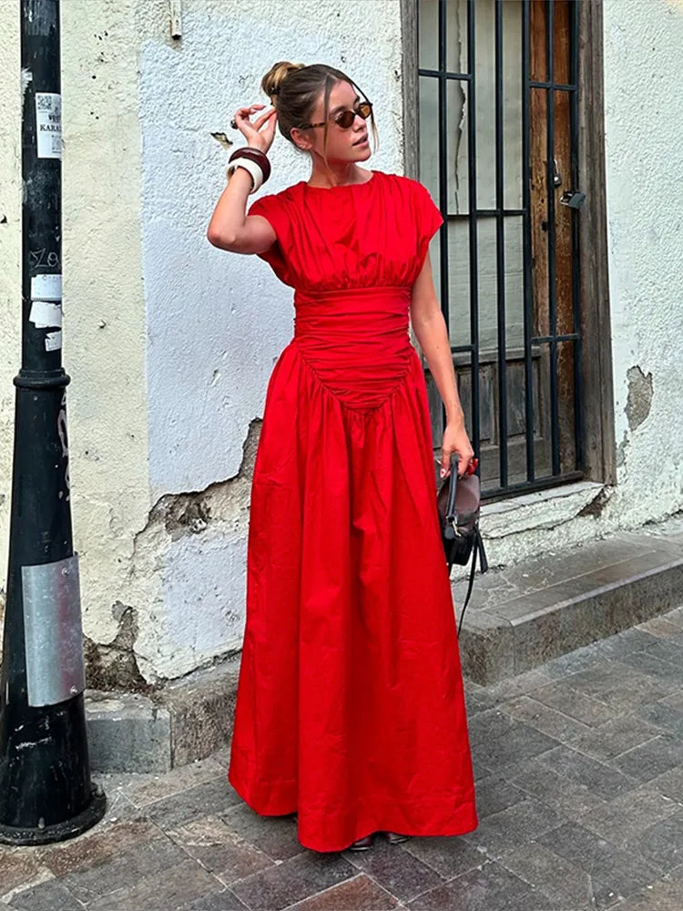 Solid color short sleeved pleated waist dress high waisted bat sleeve short sleeved long skirt