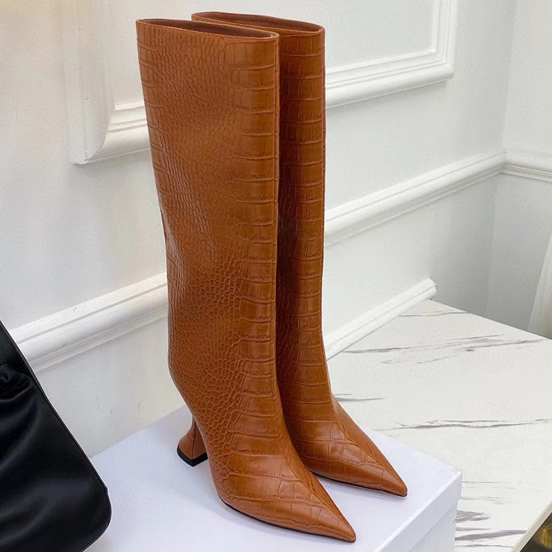 Snake pattern side zipper pointed high heeled wine glass heel knee high boots short boots women's boots