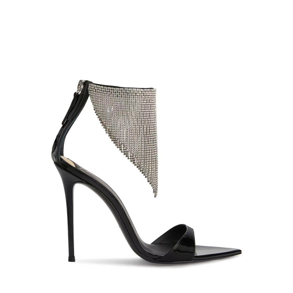 Pointed High Heeled Shoes For Women, Slim Heeled Fish Mouth Shoes, Tassel Hollowed Out Rhinestone Banquet Sandals For Women