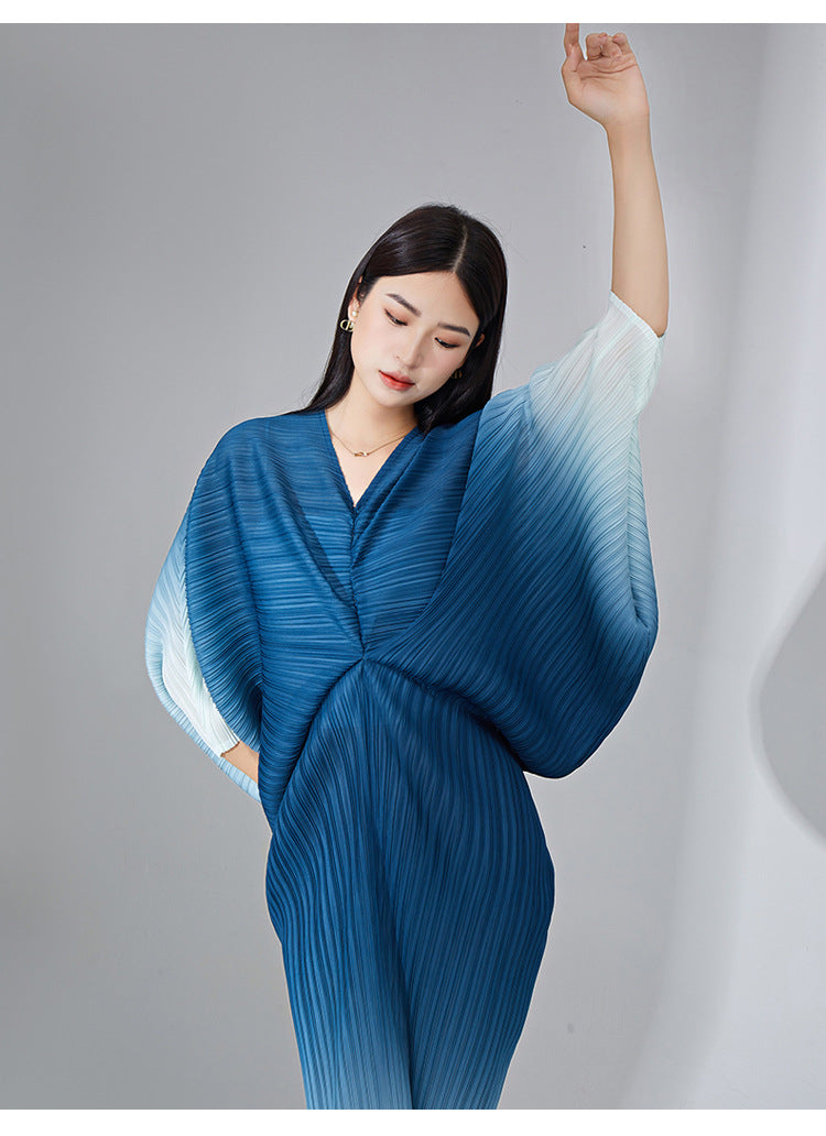 Women Gradient Pleated Dress Elegant V Neck Long Batwing Sleeves Dresses Party Fashion Dresses Autumn