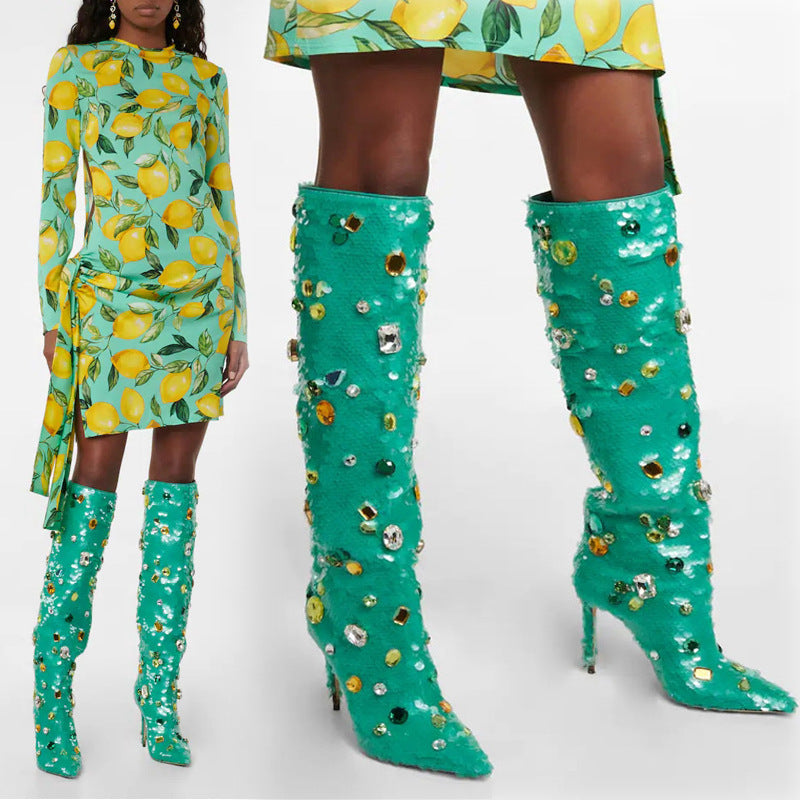 Pointed Toe Stiletto High-Heeled Gemstone Sequins The Knee Women's Boots a Large Size Dancing Boots 12cm High
