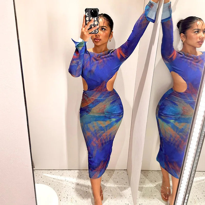 Blue Print Bodycon Dress with Sheer Mesh Sleeves Party Cut Out Backless Sexy Long Dresses for Women