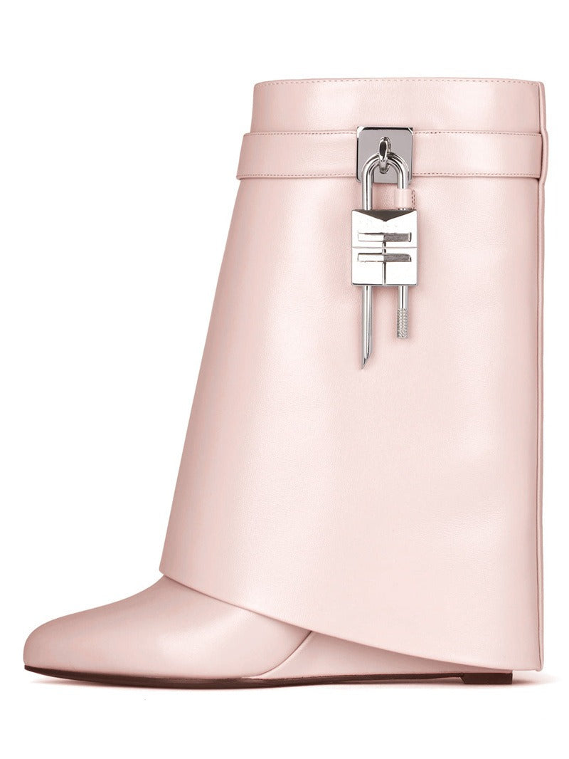 Wedge Heeled High Heel Boots Women Pointed Toe Shark Lock Height Increased Short Boots