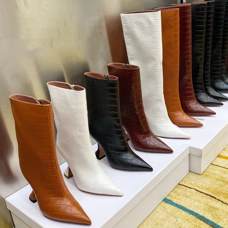 Snake pattern side zipper pointed high heeled wine glass heel knee high boots short boots women's boots