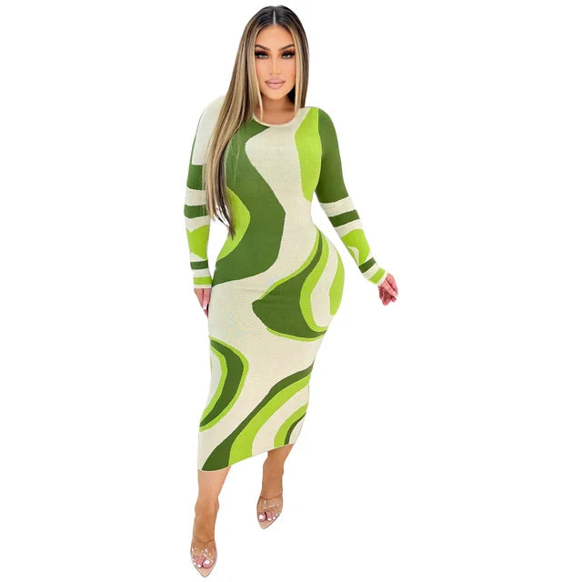 Casual Long Dress Autumn Women O-Neck Long Sleeve Slim Stretch Party Dresses Streetwear