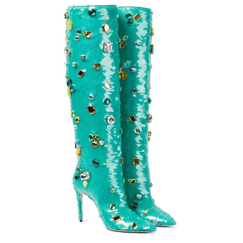 Pointed Toe Stiletto High-Heeled Gemstone Sequins The Knee Women's Boots a Large Size Dancing Boots 12cm High