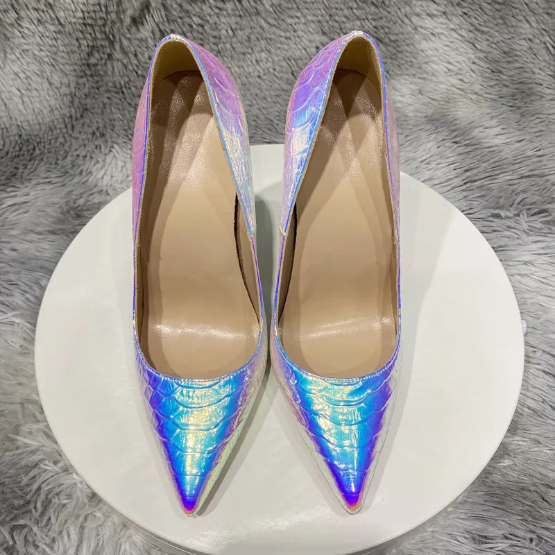 Shiny Silver Crocodile Effect Women Pointy Toe High Heel Shoes Sexy Stiletto Pumps for Wedding Party