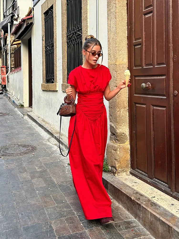 Solid color short sleeved pleated waist dress high waisted bat sleeve short sleeved long skirt