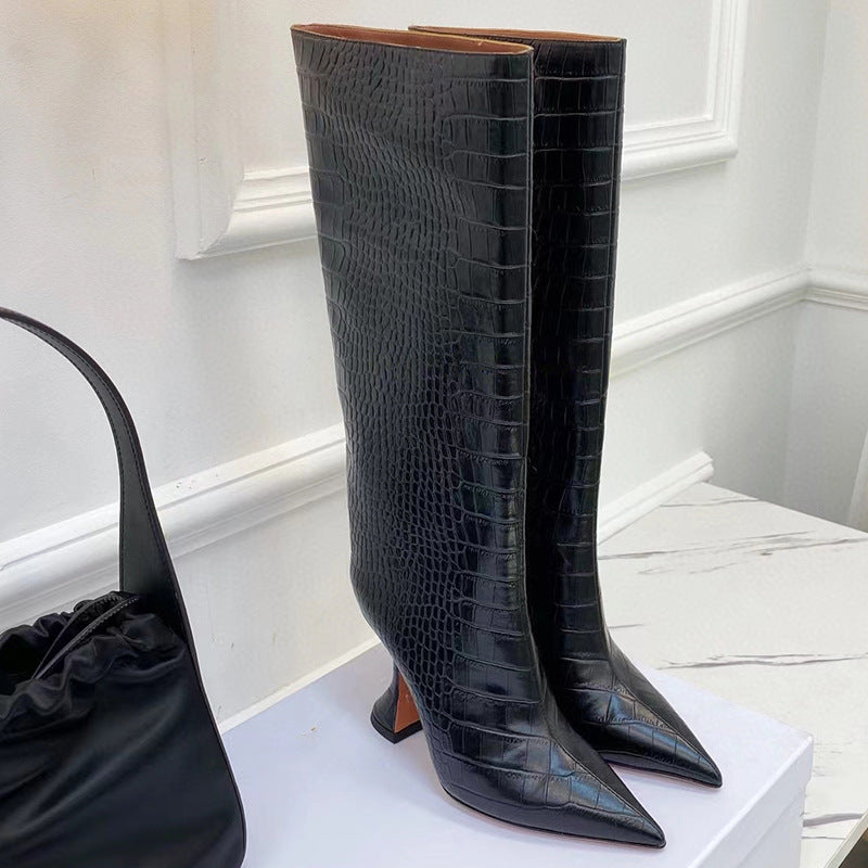 Snake pattern side zipper pointed high heeled wine glass heel knee high boots short boots women's boots