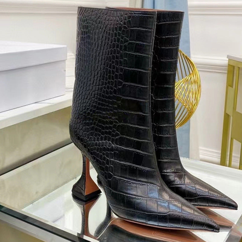 Snake pattern side zipper pointed high heeled wine glass heel knee high boots short boots women's boots