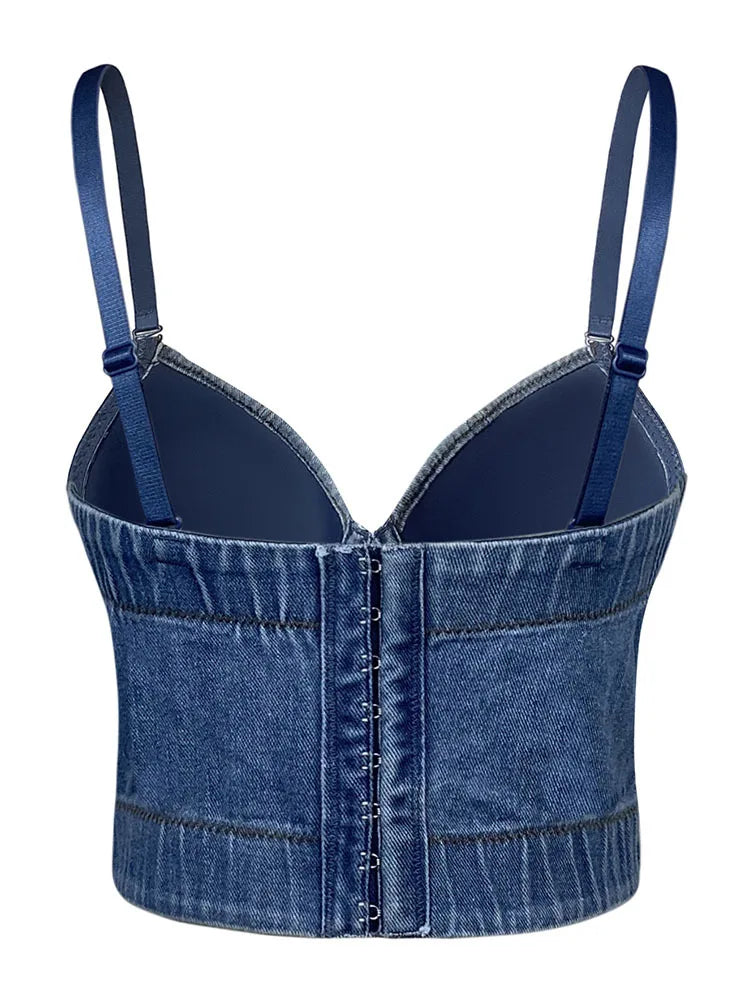 Women Short Tank Tops Striped Tassel Sling Chain Denim Vest Beading Perform Streetwear Spring