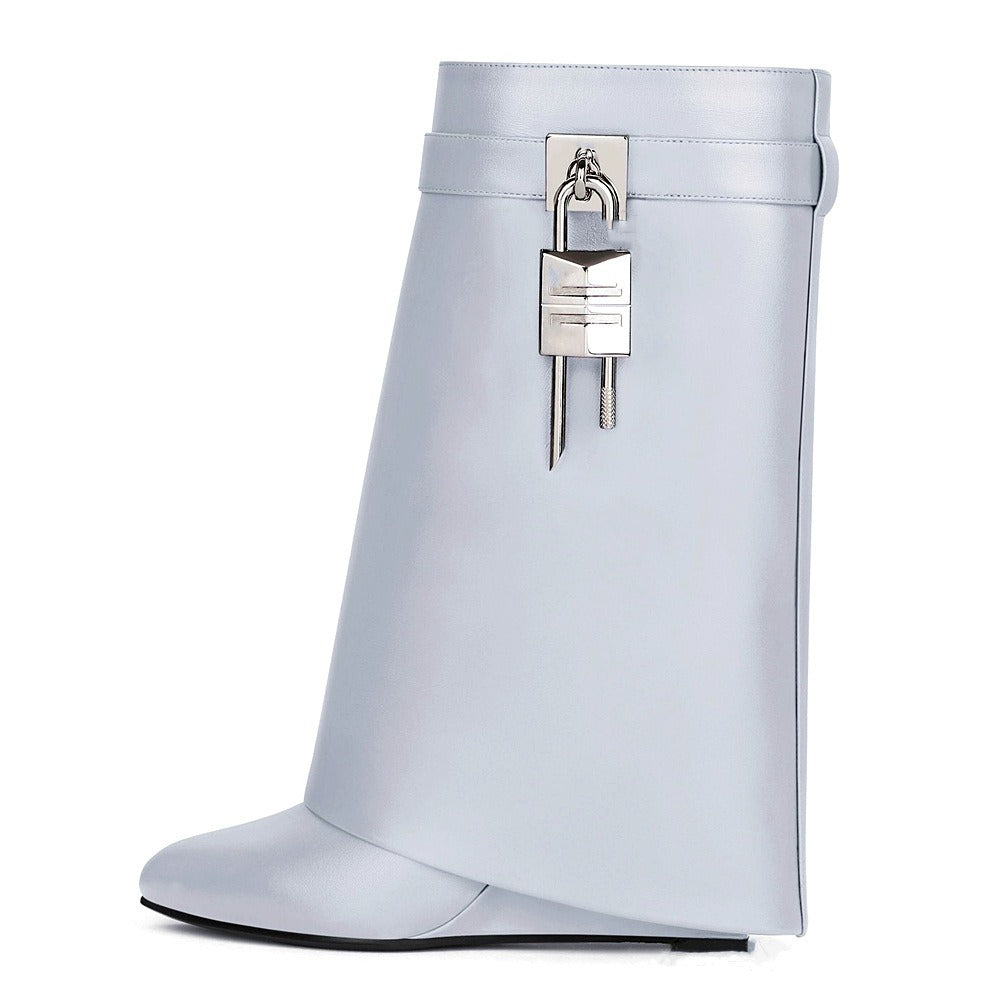 Wedge Heeled High Heel Boots Women Pointed Toe Shark Lock Height Increased Short Boots
