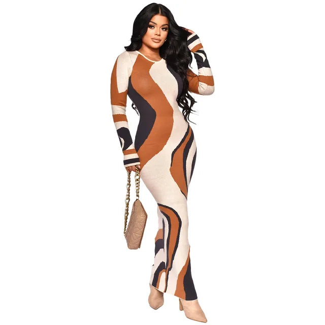 Casual Long Dress Autumn Women O-Neck Long Sleeve Slim Stretch Party Dresses Streetwear