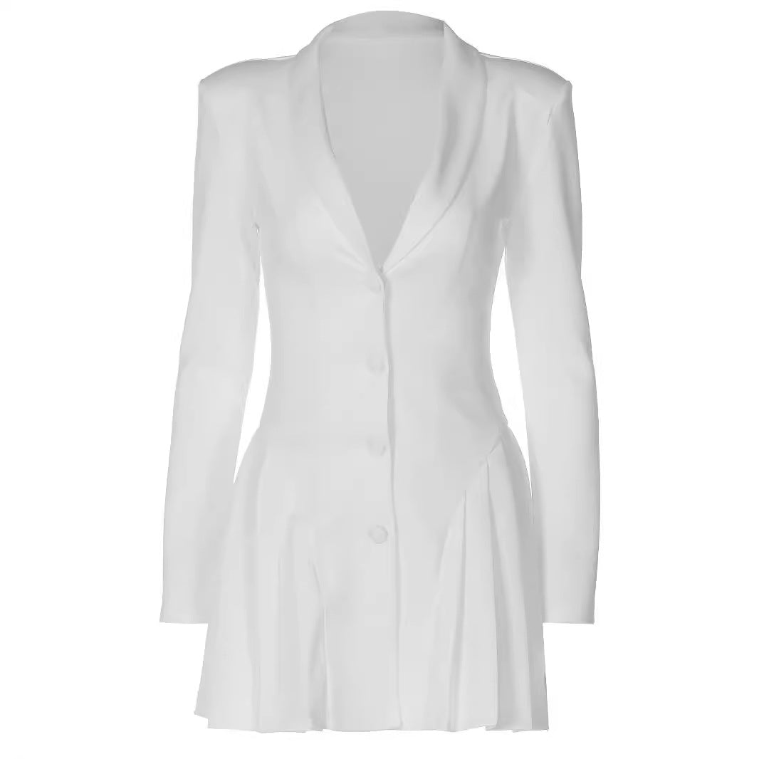 Deep V Neck Long Sleeve Short Dresses for Women Autumn Fashion Elegant Blazer Dress White Black