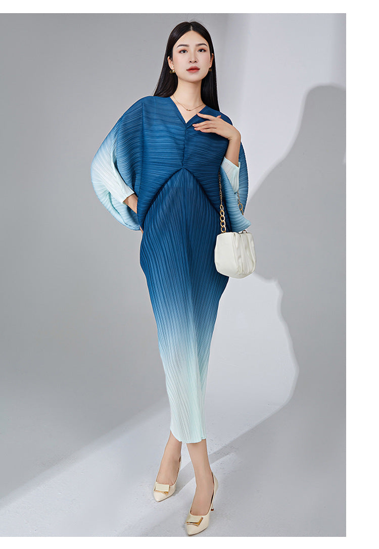 Women Gradient Pleated Dress Elegant V Neck Long Batwing Sleeves Dresses Party Fashion Dresses Autumn