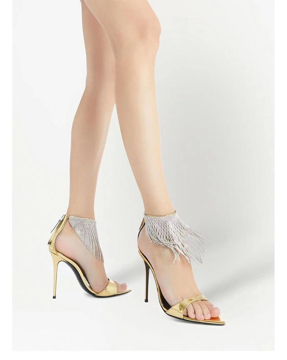 Pointed High Heeled Shoes For Women, Slim Heeled Fish Mouth Shoes, Tassel Hollowed Out Rhinestone Banquet Sandals For Women