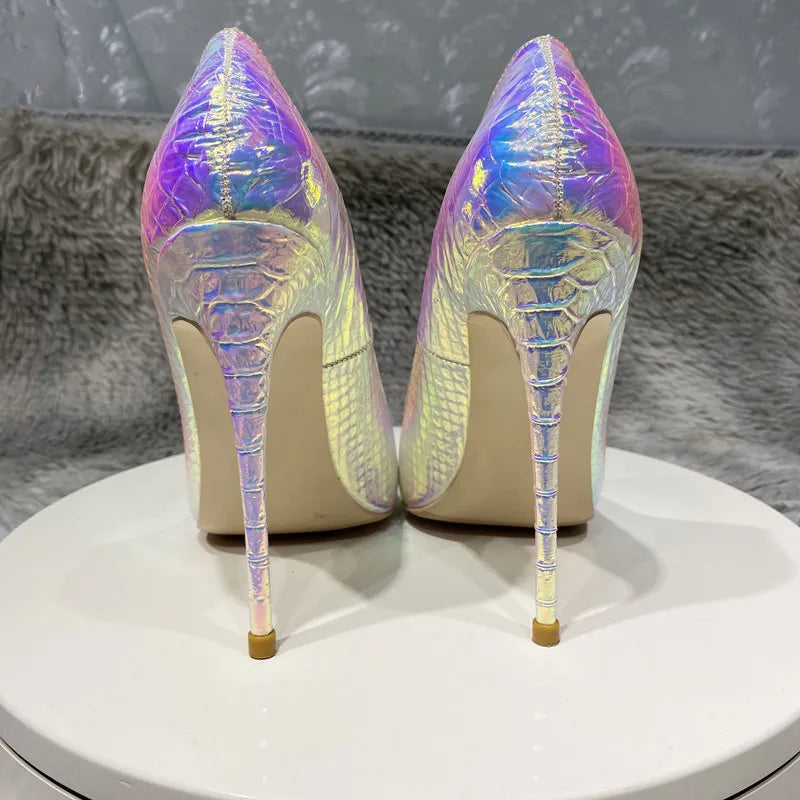 Shiny Silver Crocodile Effect Women Pointy Toe High Heel Shoes Sexy Stiletto Pumps for Wedding Party