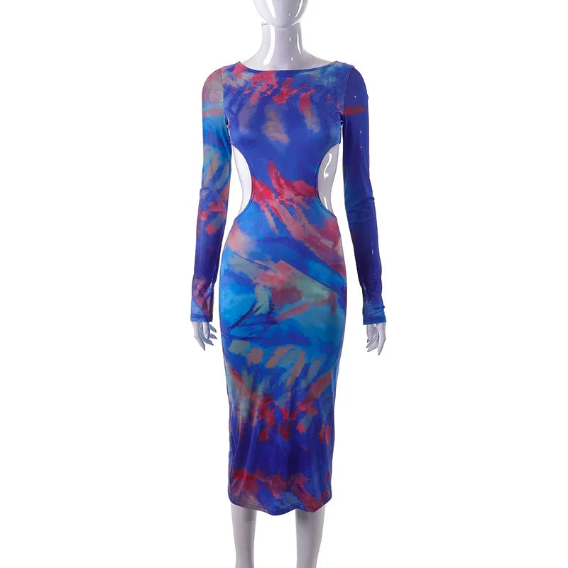 Blue Print Bodycon Dress with Sheer Mesh Sleeves Party Cut Out Backless Sexy Long Dresses for Women