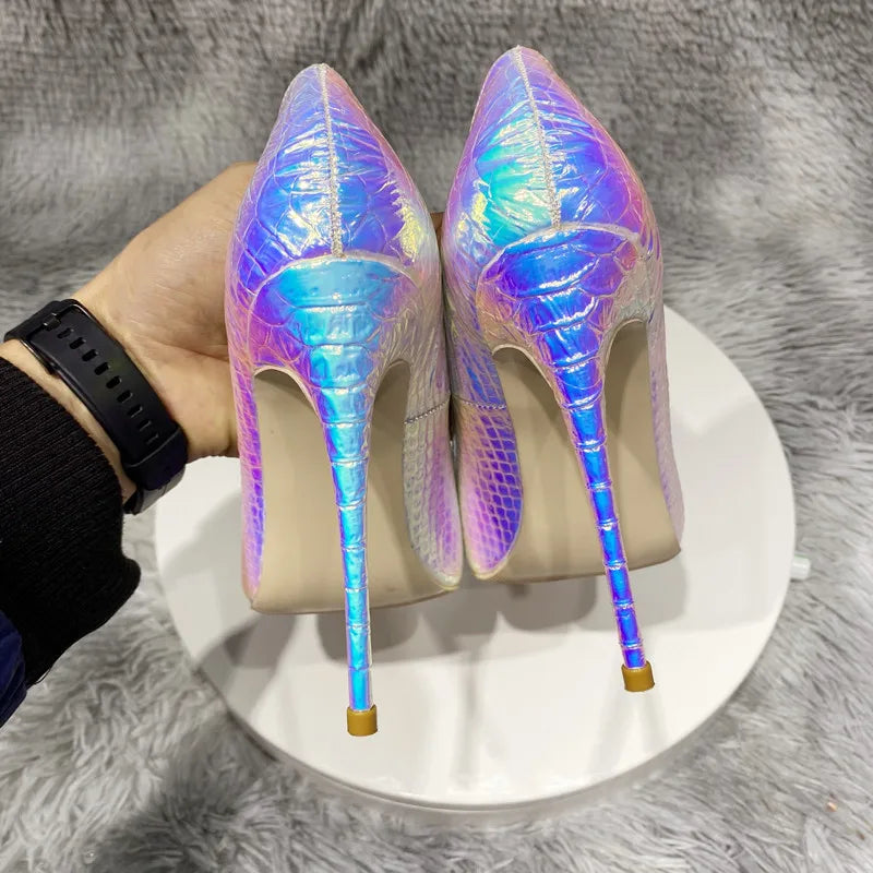 Shiny Silver Crocodile Effect Women Pointy Toe High Heel Shoes Sexy Stiletto Pumps for Wedding Party