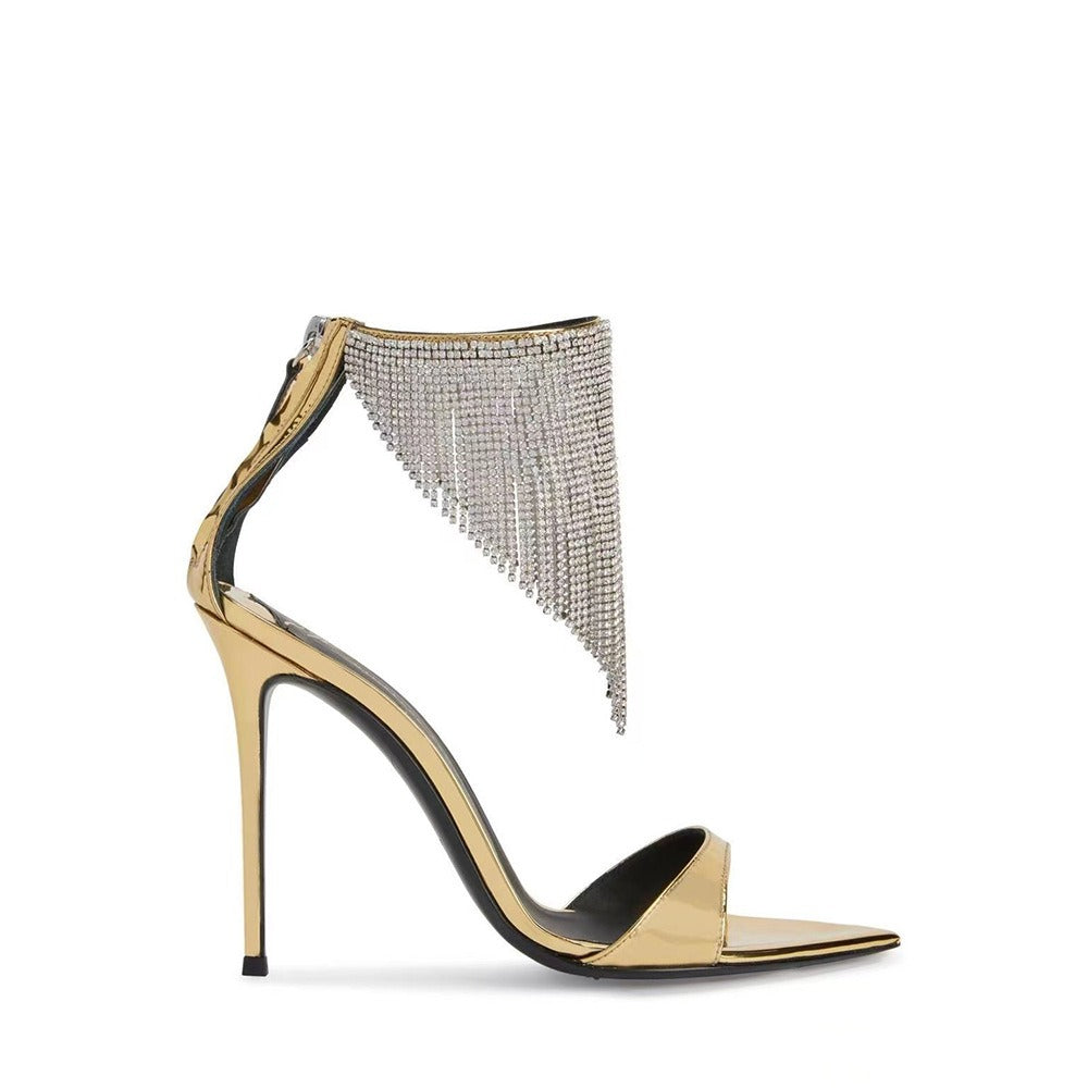 Pointed High Heeled Shoes For Women, Slim Heeled Fish Mouth Shoes, Tassel Hollowed Out Rhinestone Banquet Sandals For Women