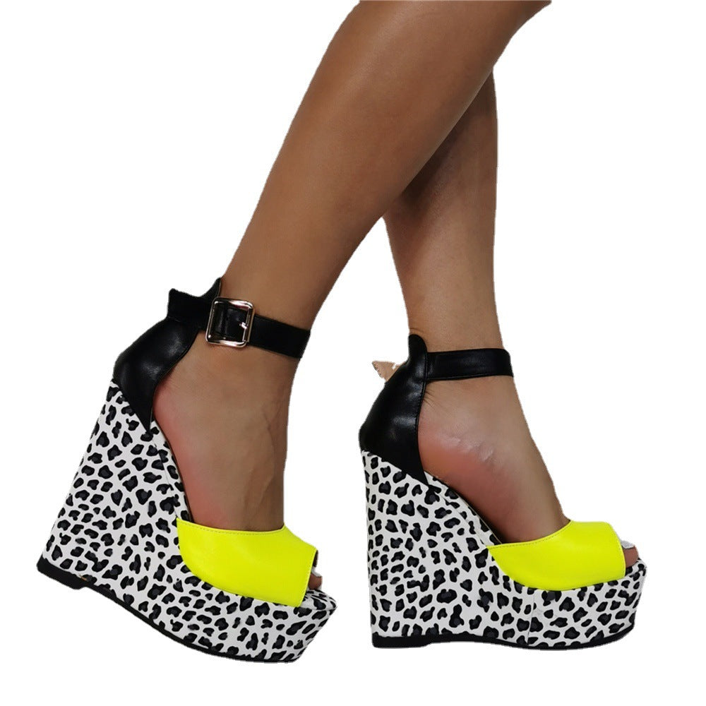 Color Blocking Leopard Print Banquet Oversize Wedge Heel Sexy High-Heeled Sandals
