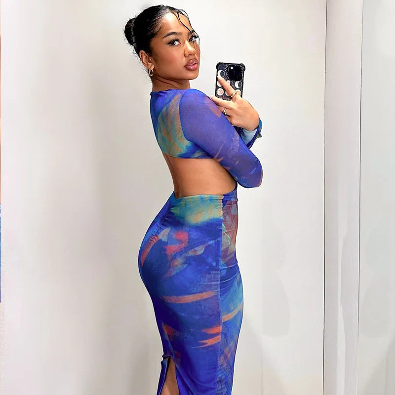 Blue Print Bodycon Dress with Sheer Mesh Sleeves Party Cut Out Backless Sexy Long Dresses for Women