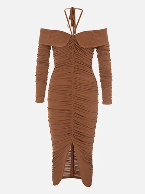 Solid Slimming Patchwork Folds Sexy Dresses For Women Halter Long Sleeve High Waist Bodycon Dress Female Fashion