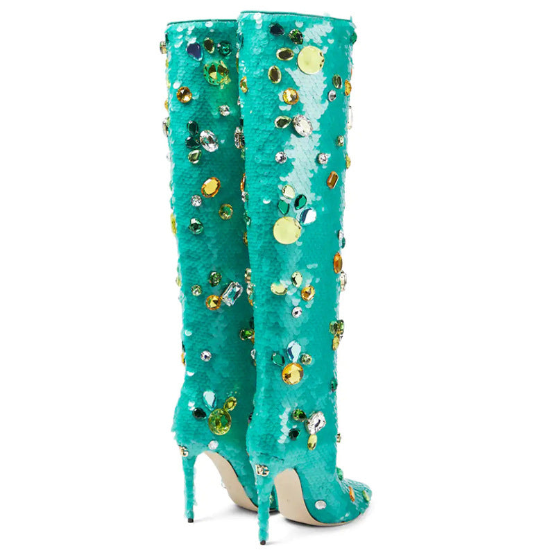 Pointed Toe Stiletto High-Heeled Gemstone Sequins The Knee Women's Boots a Large Size Dancing Boots 12cm High