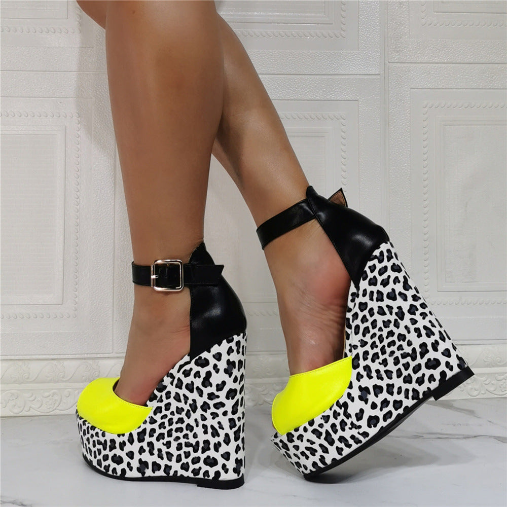 Color Blocking Leopard Print Banquet Oversize Wedge Heel Sexy High-Heeled Sandals
