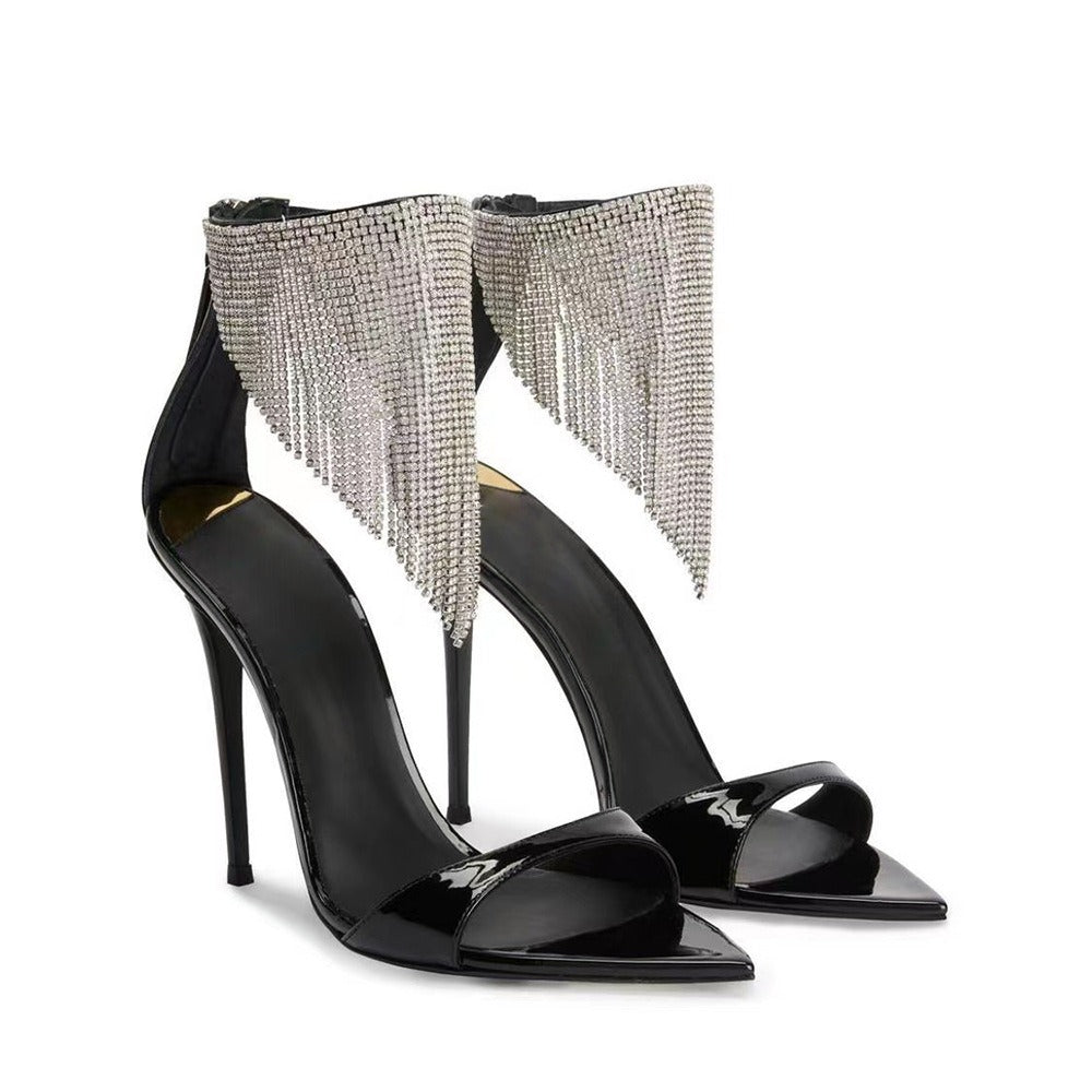 Pointed High Heeled Shoes For Women, Slim Heeled Fish Mouth Shoes, Tassel Hollowed Out Rhinestone Banquet Sandals For Women