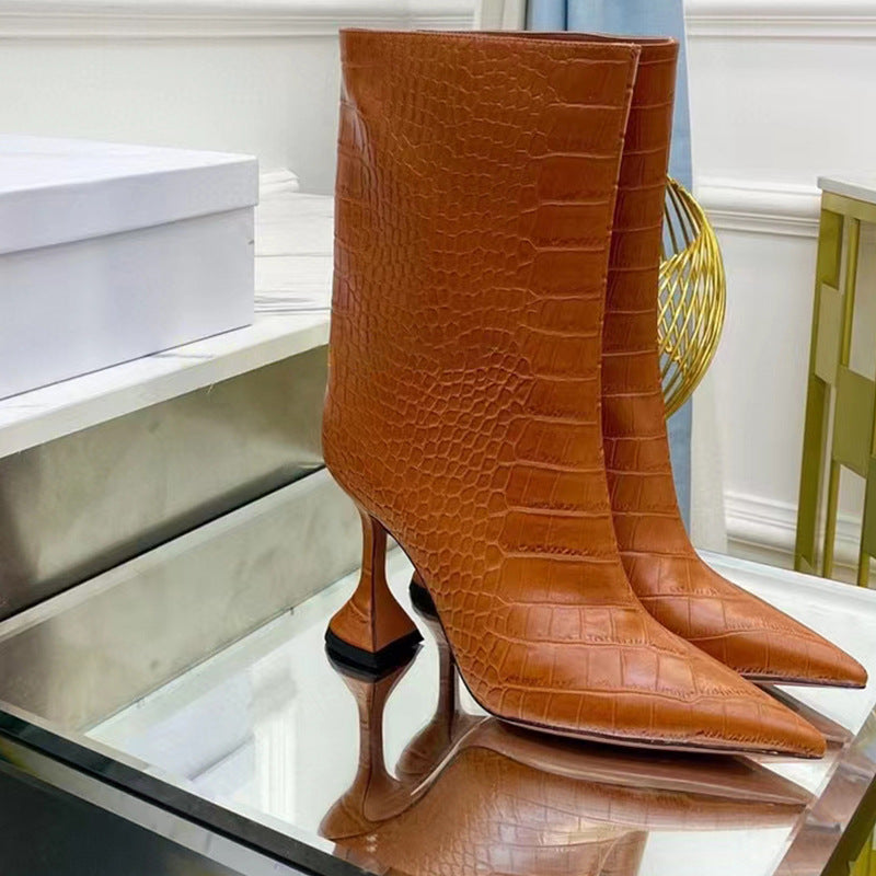 Snake pattern side zipper pointed high heeled wine glass heel knee high boots short boots women's boots