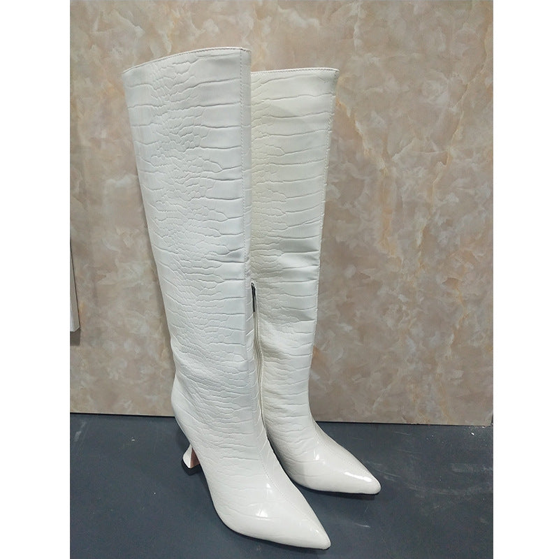 Snake pattern side zipper pointed high heeled wine glass heel knee high boots short boots women's boots