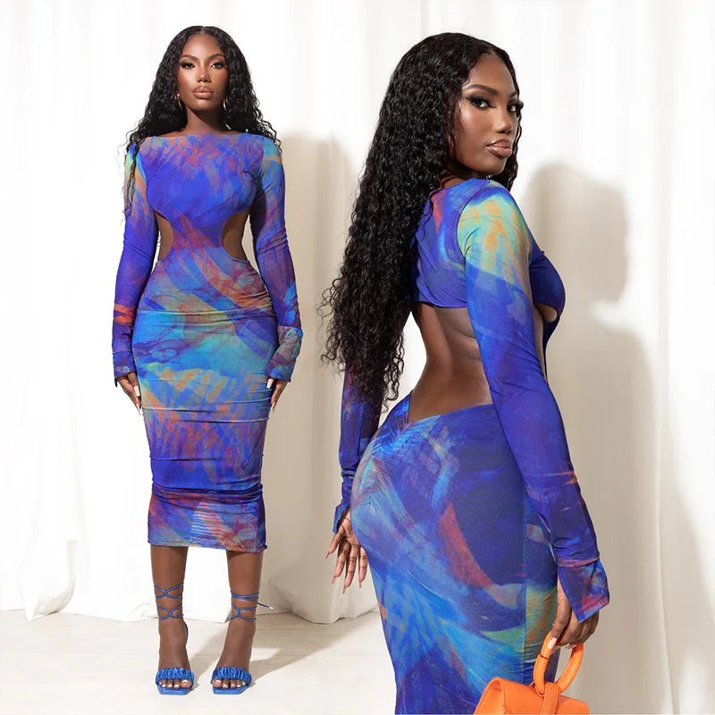 Blue Print Bodycon Dress with Sheer Mesh Sleeves Party Cut Out Backless Sexy Long Dresses for Women
