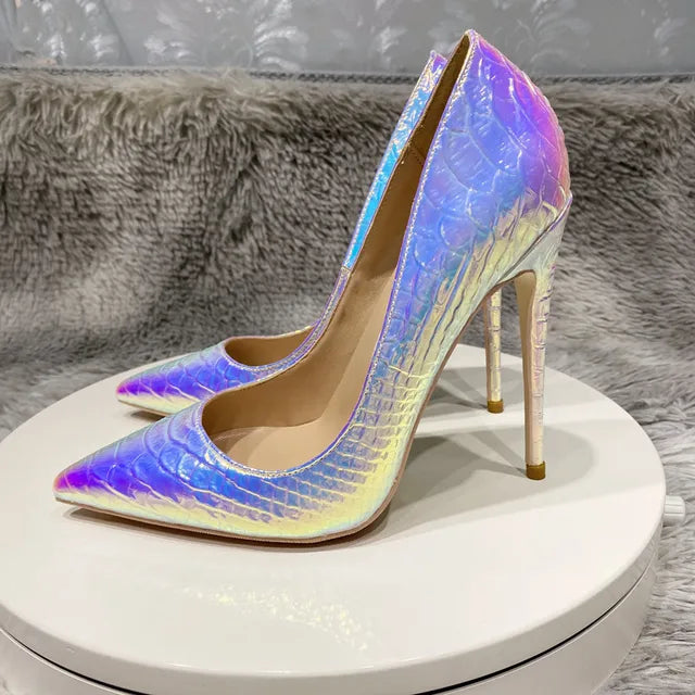 Shiny Silver Crocodile Effect Women Pointy Toe High Heel Shoes Sexy Stiletto Pumps for Wedding Party
