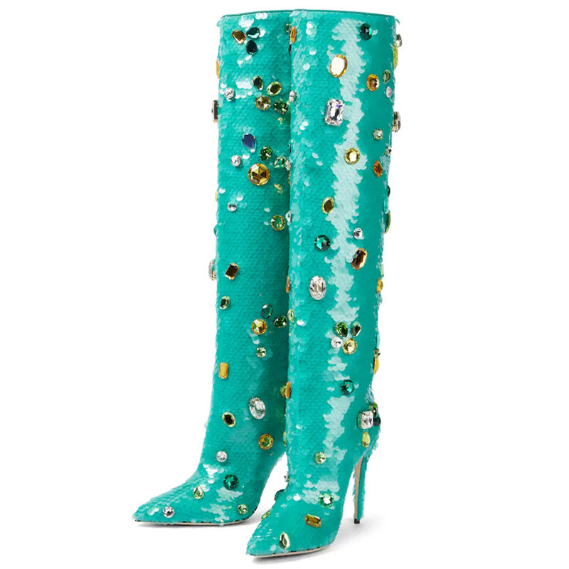 Pointed Toe Stiletto High-Heeled Gemstone Sequins The Knee Women's Boots a Large Size Dancing Boots 12cm High