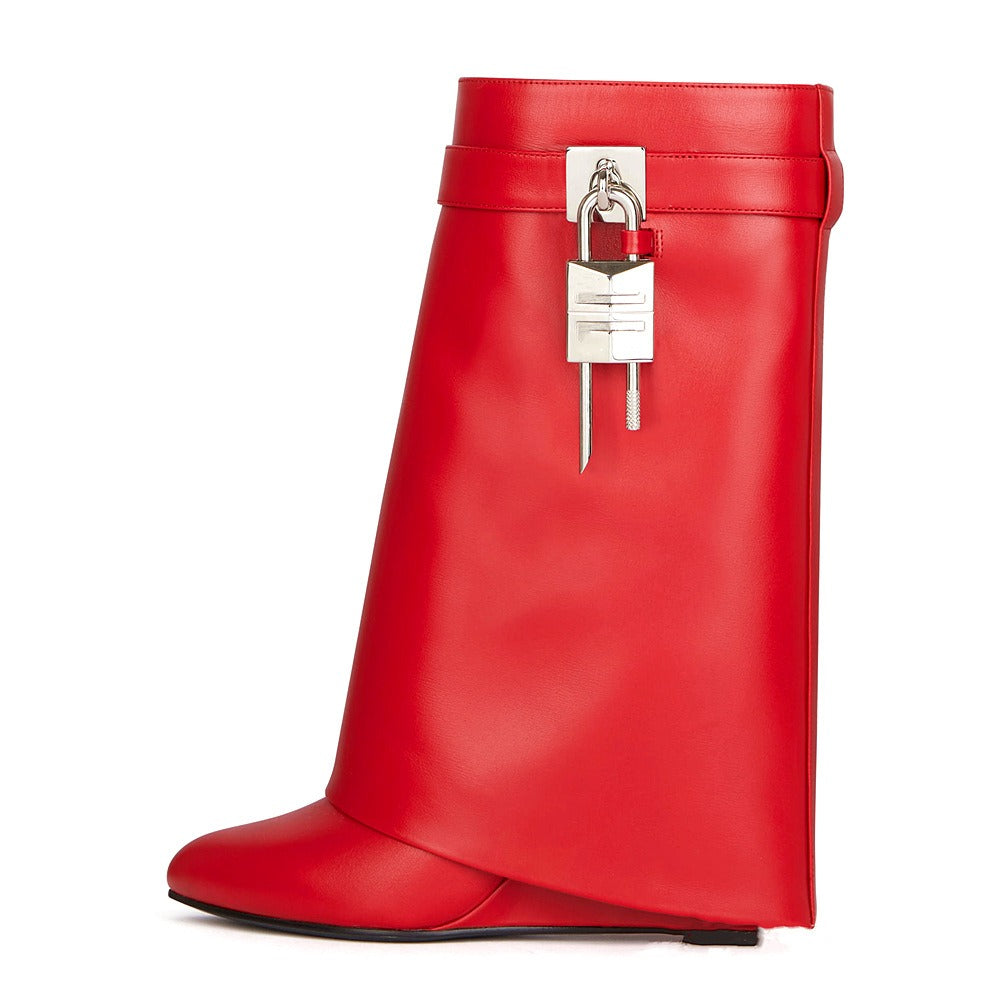 Wedge Heeled High Heel Boots Women Pointed Toe Shark Lock Height Increased Short Boots
