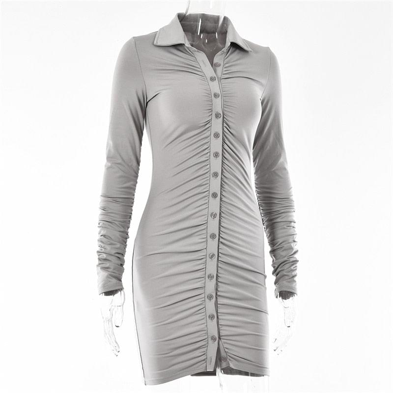 Articat New Autumn Casual Women's Dresses Vintage Bodycon Single-breasted Summer Dress Simply Ruched Y2K Women's Clothing