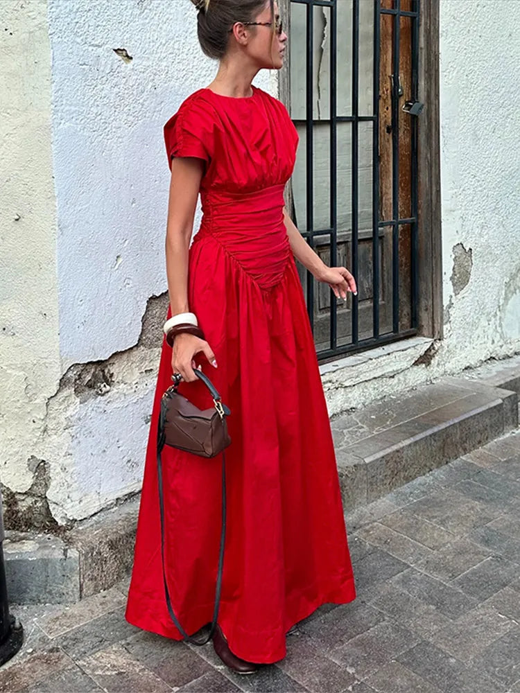 Solid color short sleeved pleated waist dress high waisted bat sleeve short sleeved long skirt