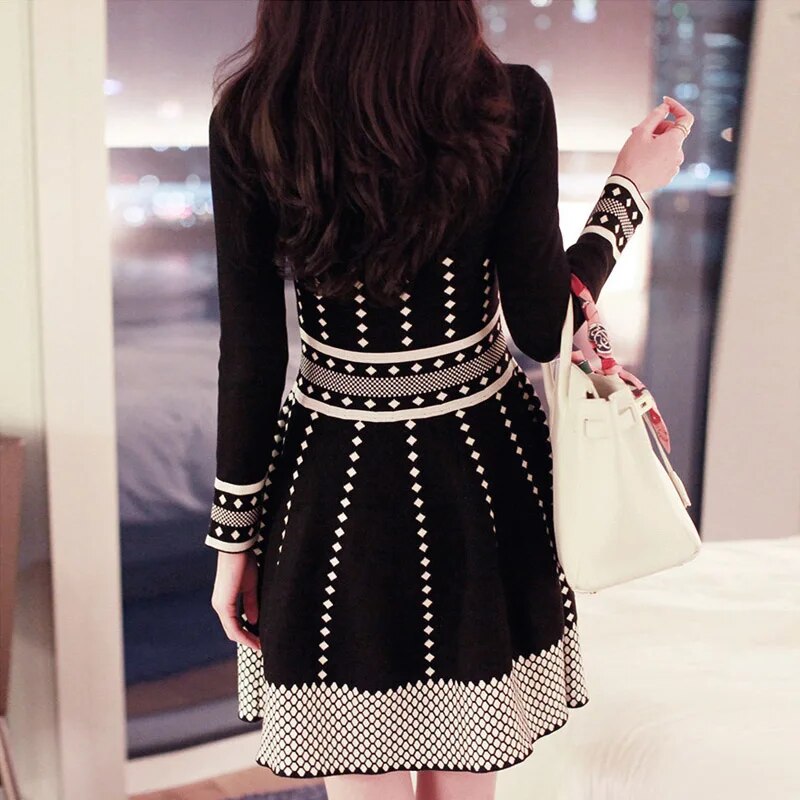 Winter Autumn Lady Fashion Plaid A Line Kniting Mini Short Dress Slim Fit Above Kneed Knitted Dresses Vestidos Casual