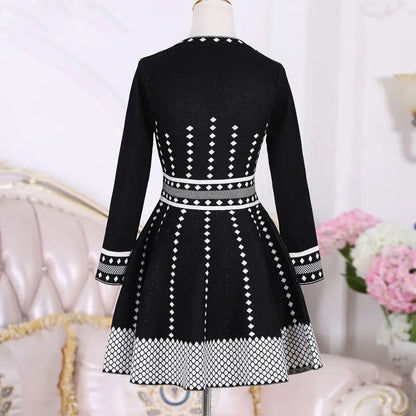 Winter Autumn Lady Fashion Plaid A Line Kniting Mini Short Dress Slim Fit Above Kneed Knitted Dresses Vestidos Casual