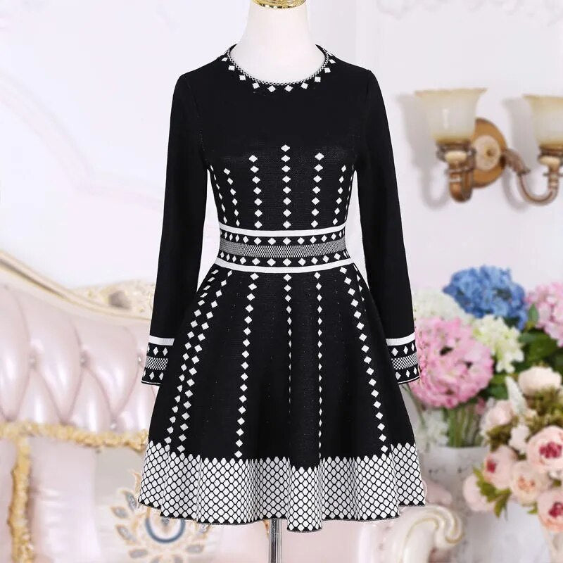 Winter Autumn Lady Fashion Plaid A Line Kniting Mini Short Dress Slim Fit Above Kneed Knitted Dresses Vestidos Casual