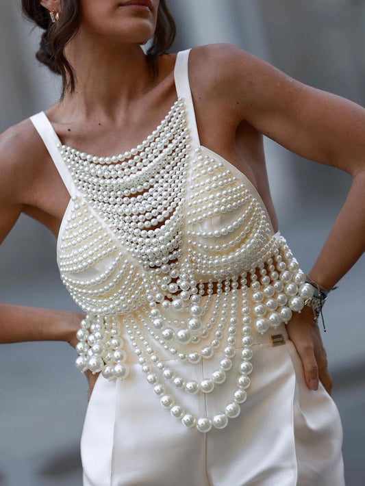 Women Fashion Pearl Beading Tops V-Neck Handmade Bra Top Backless Party Female Elegant Vest Tops